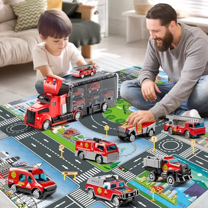 NIPLOOOW Fire Trucks Toy Set with Play Mat, Carrier Truck Play Vehicles Set for 3 4 5 6 Years Old Boys Kids, Die-Cast Car Toy for Toddlers 3-4 Years, Birthday Gifts Toys for 3-9 Year Old Boys - style: Fire Car