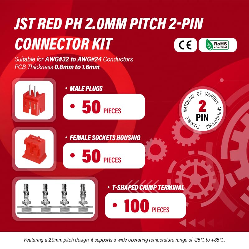 CQRobot JST Red PH 2.0 mm Pitch 2-Pin Electronic Computer Connector IC Male Plugs, Female Sockets Housing and T-Shaped Crimp Terminal Kit. 50 Sets/200 Pieces Wire-to-Board Adapter Cable Assembly. - size: 2P, style: Red