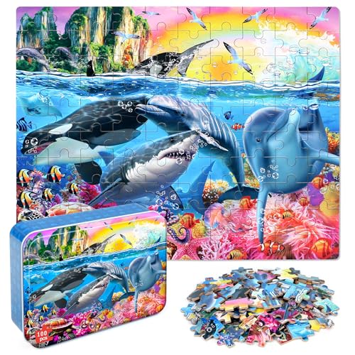 LELEMON Puzzles for Kids Ages 4-6,Underwater World 100 Piece Puzzles for Kids Ages 4-8 in a Metal Box, Educational Jigsaw Puzzles 100 Piece Puzzle Games Puzzle Toys for Girls and Boys - color: Underwater