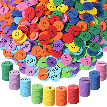 Kingdder Place Value Disks 10 Decimals to Whole Numbers Counting Chips for Kids Base 10 Place Value Manipulatives Math Counters Discs Set for Elementary School Math Supplies(2000 Pcs)