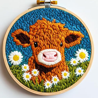DIY Punch Needle Kits Highland Cow with Daisy Flower with Hoop 20x20cm-1 - color: 01-Highland Cow