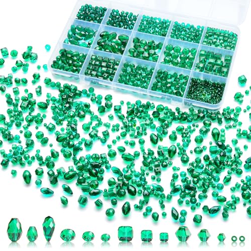 1500 Pcs Crystal Glass Beads for Jewelry Making – 12 Styles Bicone, Rondelle, Cube, Teardrop & 3mm Spacer Beads, DIY Bracelet Necklace Earring Craft Kit(Malachite Green) - color: Malachite Green