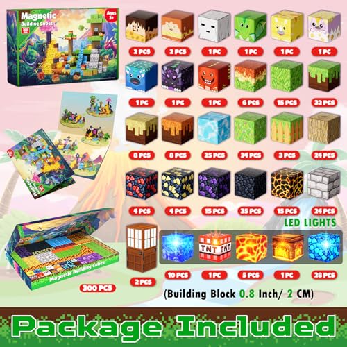 Magnetic Blocks - 300 PCS with Light Up Blocks Dinosaur Volcano Forest Castle Set - Kids Classroom Sensory Toy for Toddlers STEM, Construction Stacking Toy Kids 3+ Boys easter basket stuffers - color: 300pcs Led Glowing Volcano