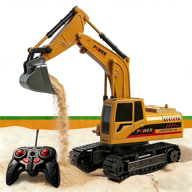 RC Excavator Toy, 6-Channel Remote Control Excavator with Metal Shovel & Lights, 360° Rotation Mini Excavator, RC Construction Vehicles Digger Toy for Boys 3-8
