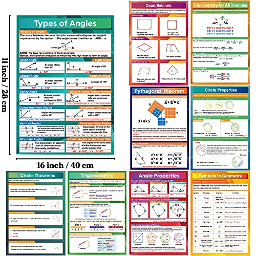 9 Pieces Math Geometry Posters Educational Angles Triangles Trigonometry Circle Math Classroom Decor for Middle School and High School Classroom Decorations or Homeschool Supplies,16 x 11 Inch