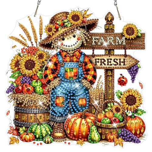 NAIMOER Halloween Diamond Art Hanging Kits for Adults, Scarecrow 5D Special Shaped Rhinestone, DIY Acrylic Diamond Art Painting Window Pendants Home Garden Wall Hanging Ornament Kits, Double Sided - color: Fall Scarecrow