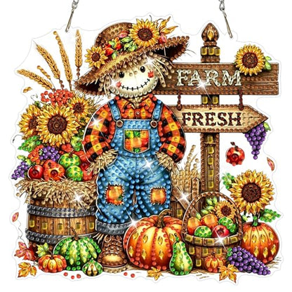 NAIMOER Halloween Diamond Art Hanging Kits for Adults, Scarecrow 5D Special Shaped Rhinestone, DIY Acrylic Diamond Art Painting Window Pendants Home Garden Wall Hanging Ornament Kits, Double Sided - color: Fall Scarecrow