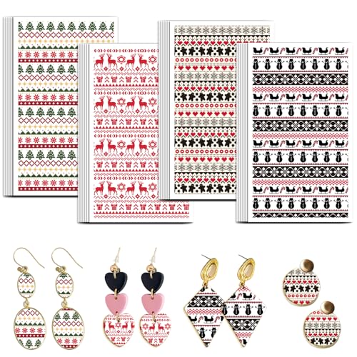 OLYCRAFT 24Pcs Christmas Sweater Knitting Clay Transfer Paper 4 Styles Transfers Paper for Polymer Snowman Pattern Polymer Clay Transfer Sheets Small Ceramic Decal for Earrings Jewelry Making - style: Christmas Sweater