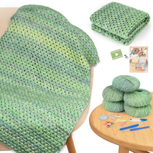 Aeelike Crochet Blanket Kit for Beginners, Easy Crochet Kit, Green Gradient - color: Moss Green Gradient