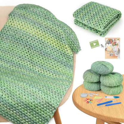 Aeelike Crochet Blanket Kit for Beginners, Easy Crochet Kit, Green Gradient - color: Moss Green Gradient