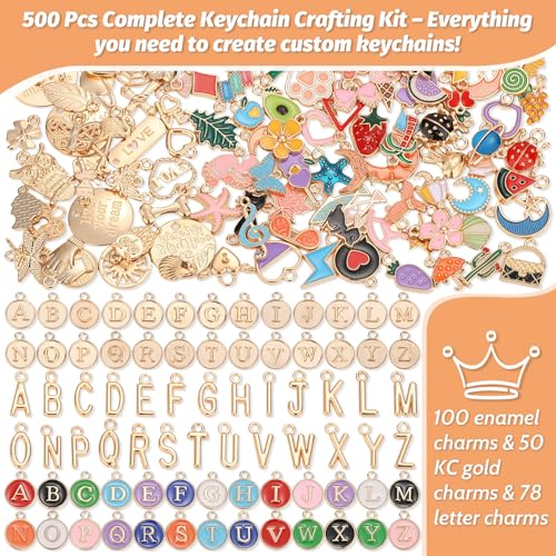 500Pcs Charms Lip Gloss Keychain Making Kit, DIY Craft Supplies with Charms, Key Chain Hooks, Jump Rings, Lobster Clasps, Chains & Tools, Jewelry Making Kit for Custom Keychains, Valentines Gifts - color: Gold-500Pcs Kit