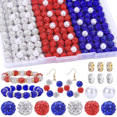 AIPRIDY Jewelry Making Beads Set, 300 PCS 10mm Rhinestone Clay Beads, 8mm Mixed Color Spacer Beads with Pearl and Floral Beads for DIY Jewelry Making (Red+White+Blue) - color: Red+White+Blue