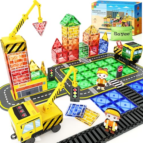 Magnetic Tiles with 2 Cranes, Magnetic Construction Toys STEM Building Toys - style: 42 Pcs & 2 Themes