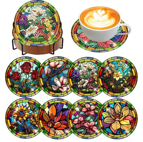 8 Pcs Diamond Art Coasters Kit for Adult with Holder, Diamond Coaster 4x4in - color: Flowers Coasters-E, size: 8 Pcs 4x4in