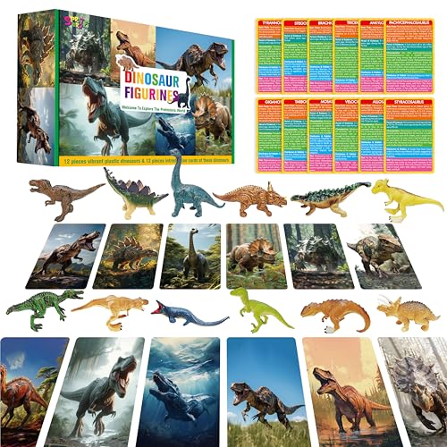 12 PCS Dinosaur Figurines with 12 Introducing Flashcards, Portable Dinosaur Figurines Montessori Toys Science Educational Matching Game for Homeschool Preschool Toddler Kids - style: Dinosaur set (including card)