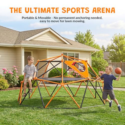 jumpfly 10FT Climbing Dome with Hammock & Ball Toss Game, 880LBS Geometric Dome Climber with Cat Paw Safety Holds, Anti-Rust Outdoor Jungle Gym Play Equipment for Kids 3-12 Years - color: Black/Orange
