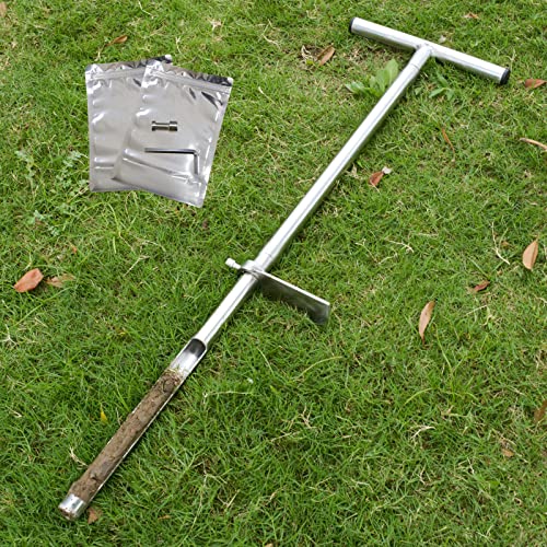 Soil Probe 35 Inch with 2 Bags, Straight Soil Sample Probe for Lawn House Plants, T-Handle Soil Sampler Probe Rod with Pedal, Stainless Steel Soil Test Kits Tool for Soil Sampling - size: 35" #Straight