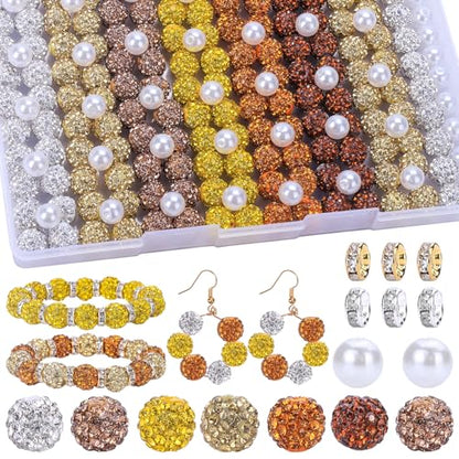 AIPRIDY Jewelry Making Beads Set, 300 PCS 10mm Rhinestone Clay Beads, 8mm Mixed Color Spacer Beads with Pearl and Floral Beads for DIY Jewelry Making (White + Yellow Series) - color: White + Yellow Series