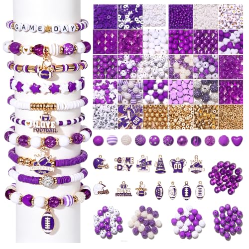 2200PCS+ Game Day Beads Charms for Bracelet Making Polymer Clay Beads Crystal Pearl Letter Gold Spacer Beads Football Charms for Game Day Bracelet Necklace Making DIY Crafts - color: Purple White