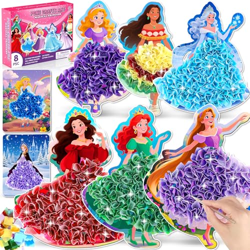 8PCS Poke Art Kits - Magical Princesses, Mess-Free Fabric Creative Art, DIY Arts and Crafts Toys for Kids Ages 3-12, Birthday Gifts & Party Favors for Girls & Boys 4, 5, 6, 7, 8, 9 Years Old