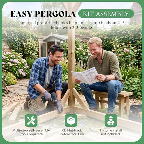 AMERLIFE 12x10 FT Outdoor Wooden Pergola, Large Solid Cedar Wood Pergola Kit with Slatted Roof Design, Heavy-Duty Frame for Backyard, Patio & Garden, Red-Brown Finish - size: 12x10 FT