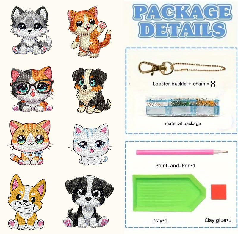 8 PCS Diamond Art Keychain Kits for Kids, DIY Diamond Painting Crafts, Beginner Art Kit, Arts & Crafts Gift for Ages 8–12 - color: Cats & Dogs
