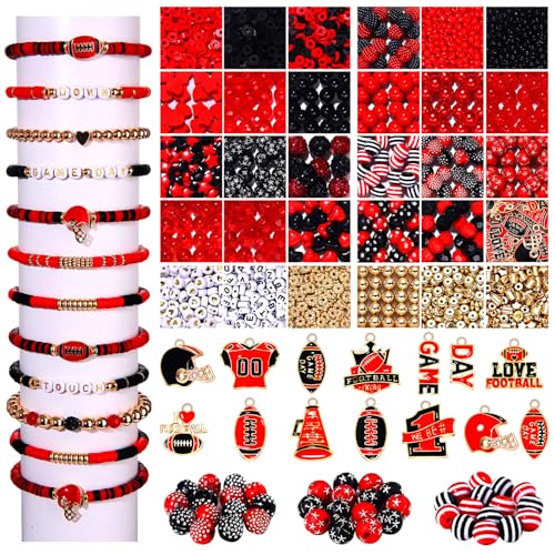2200PCS+ Game Day Beads Charms for Bracelet Making Polymer Clay Beads Crystal Pearl Letter Gold Spacer Beads Football Charms for Game Day Bracelet Necklace Making DIY Crafts - color: Red Black