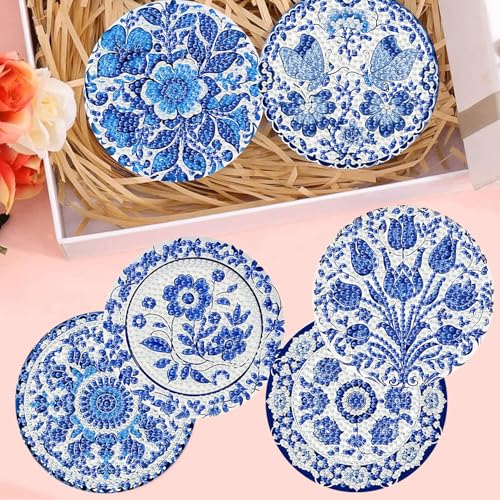 6 Pack Diamond Art Coasters Kits for Adults - Diamond Painting Coasters Kit - color: Blue Flower