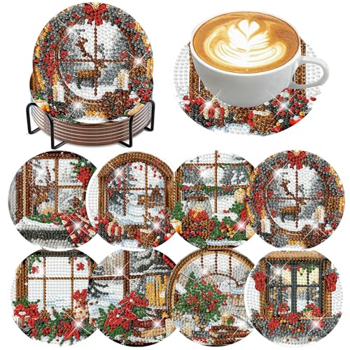 Xylogist 8 Pcs Christmas Diamond Art Coasters with Holder Cork Pads - color: Christmas A Coasters