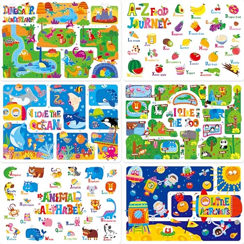 6 Pack Placemats for Kids, Non-Slip Washable, Reusable Animals, Alphabet, Dinosaur, Universe, Ocean Themed Educational Placemats for Home, Kindergarten, Classroom, Nursery - style: Style-C