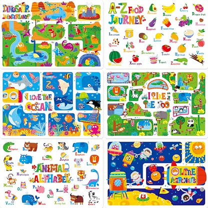 6 Pack Placemats for Kids, Non-Slip Washable, Reusable Animals, Alphabet, Dinosaur, Universe, Ocean Themed Educational Placemats for Home, Kindergarten, Classroom, Nursery - style: Style-C