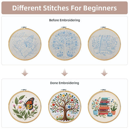 KEKEMEOW 3 Sets Embroidery Kit for Beginners, Stitches with Books and Flowers, Embroidery Stitch Practice kit for Adults Craft Lover, Cross Stitch Kit with Pattern、Instruction、Hoop - color: Book and flower