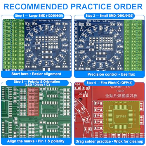 100W Digital SMD/SMT Soldering Practice Kit for Beginners, 3 PCB Training Boards, 180–520°C Temp Control, Auto Sleep, 1206/0805/0603/0402 Training, QFP44 & SOP-14 IC Practice - color: 100w Digital Iron Kit With 3 Boards