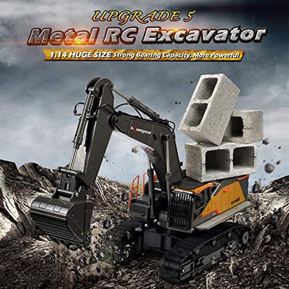 kolegend Remote Control Excavator Toy 1/14 Scale RC Excavator, 22 Channel Upgrade Full Functional Construction Vehicles Rechargeable RC Truck with Metal Shovel and Lights Sounds - style: Excavator