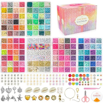 LINAYE 20000 PCS Clay Beads Kit with 120-Colors 6 Boxes Flat Preppy Polymer Heishi Beads with Pendant Charms Crafts Accessories, Friendship Bracelet Making Kit Crafts Supplies Kit Gift for Adults