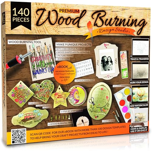 Scissor-Tailed Beginners Wood Burning Kit 140 Pieces. Best Gift Idea for Art & Craft Kit Lovers. Woodburning DIY Hobby Kits with 9 Large Wooden Plaques to Make Unique Wood Burning Projects