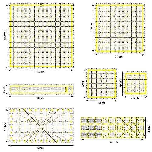 Quilting Rulers, 7 Piece Acrylic Ruler, Fabric Cutting Ruler (12.5"X12.5", 9.5"X9.5", 6"X6", 4.5"X4.5",12"x6.5",9"x3",12"x2"), Sewing & Quilting Templates