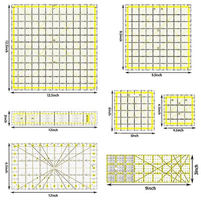 Quilting Rulers, 7 Piece Acrylic Ruler, Fabric Cutting Ruler (12.5"X12.5", 9.5"X9.5", 6"X6", 4.5"X4.5",12"x6.5",9"x3",12"x2"), Sewing & Quilting Templates
