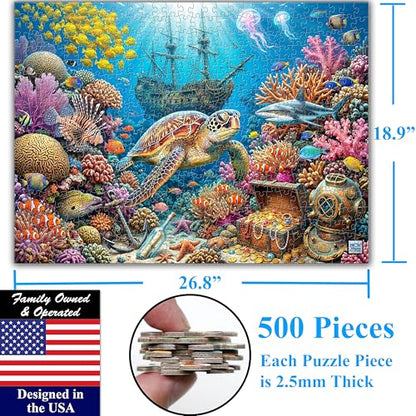 Think2Master Sunken Treasures 500 Pieces Large Format Jigsaw Puzzle: 13+, Teens, Adults & Families. Giant Sea Turtles, Sharks, Lion Fish, Pirate Ship & Tropical Fish Great Gift. Size: 26.8” X 18.9” - style: Sunken Treasures