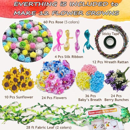 Flower Crowns Craft Kit, Make Your Own 12PCS Flower Crowns Garland Arts - color: Sunflower & Rose