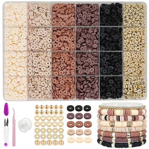 MIIIM Coffee Brown Clay Beads Kit for Bracelets Making, Heishi Beads for Friendship Bracelet, Clay Charms and Gold Spacers for Jewelry Making, Crafts, Concert, Raves, Gifts - color: Coffee Brown