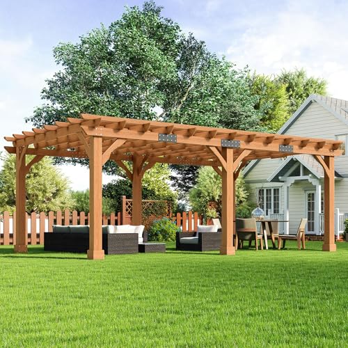 AMERLIFE 12x20 FT Outdoor Wooden Pergola, Large Solid Cedar Wood Gazebo Kit with Slatted Roof Design, Heavy-Duty Frame for Backyard, Patio & Garden, Red-Brown Finish - size: 12x20 FT
