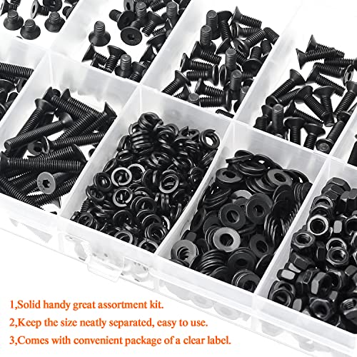 HELIFOUNER 560 Pieces M3 x 5mm /6mm /8mm /10mm /12mm /16mm /20mm, Countersunk Head Socket Cap Screws Bolts Washers Nuts Kit, 10.9 Grade Alloy Steel, Full Threaded, Black - size: M3, style: Countersunk Head