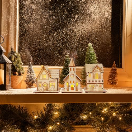 jojofuny 3pcs LED Light up Wooden Christmas House Village Decorations Unfinished Wood Xmas House DIY Wood Chalet Tree Ornaments Christmas Table Centerpieces