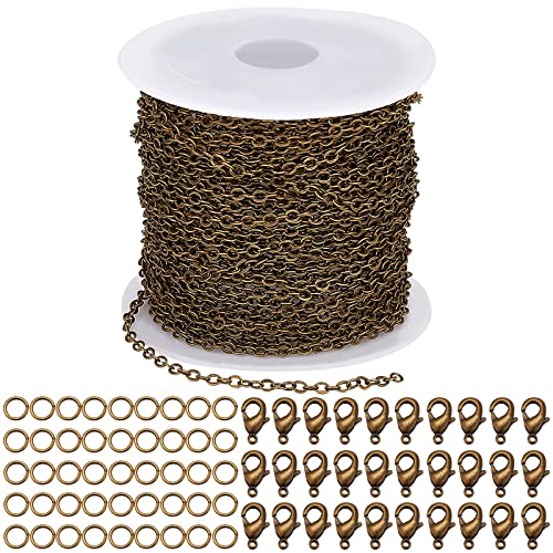 SUNNYCLUE 32.8Feet/10m Antique Bronze Chain Bulk Brass Curb Link 2.6x2x0.3mm Links Cable Chains for Jewelry Making Findings 100Pcs Iron Jump Rings 30Pcs Brass Lobster Clasps Necklace Bracelet Supplies - color: 2.6x2x0.3mm Links Cable Chains