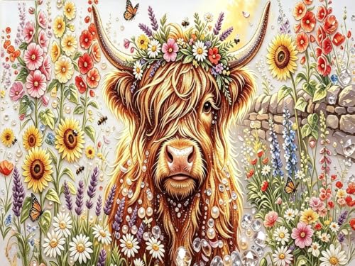 Flower Pearl Diamond Painting Kits for Adults,Highland Cow Diamond Art - color: PL75-1