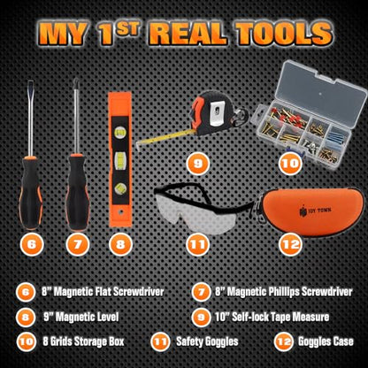 JoyTown Kids Real Tool Set - Junior Steel Forged Tool Kit for Children with Real Hand Tools, Kids Tool Belt, Portable Tool Bag, Perfect Learning Tools for Home DIY (Orange & Black)