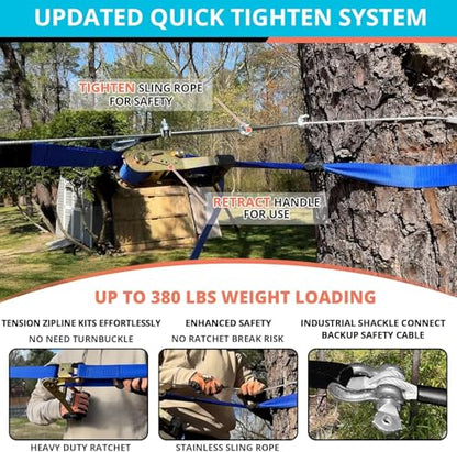 Zip Line Kit for Kids Adults : 100FT / 120FT / 150FT / 200FT Up to 380Lbs - Quick Tighten Zipline for Backyard Outdoor with 100% Rust Proof Removable Trolley Seat Spring Brake - size: 120ft