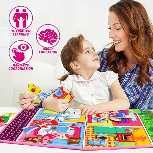 OKOOKO Dress Up House Felt Board 35PCS Double-Sided Foldable Dress Up Teaching Girls Toy Preschool Crafts Storytelling Early Learning Interactive Play Kit for Toddlers Kids - color: Pink