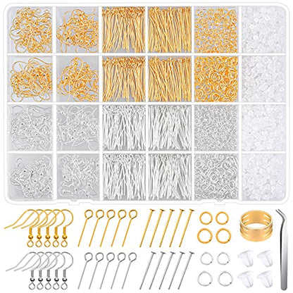 Hypoallergenic Earring Making Kit, modacraft 2000Pcs Earring Making Supplies Kit with Hypoallergenic Hooks, Earring Findings, Backs, Pins Jump Rings for Jewelry Making Supplies - size: 24 Grids-2000Pcs